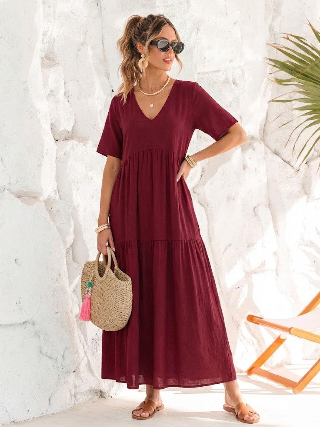 Karla | Boho Maxi Kjole V-Udskæring Korte Ærmer Lagdelt
