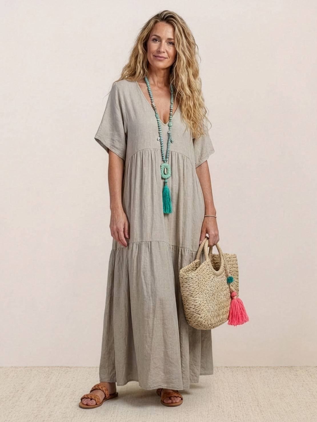 Karla | Boho Maxi Kjole V-Udskæring Korte Ærmer Lagdelt