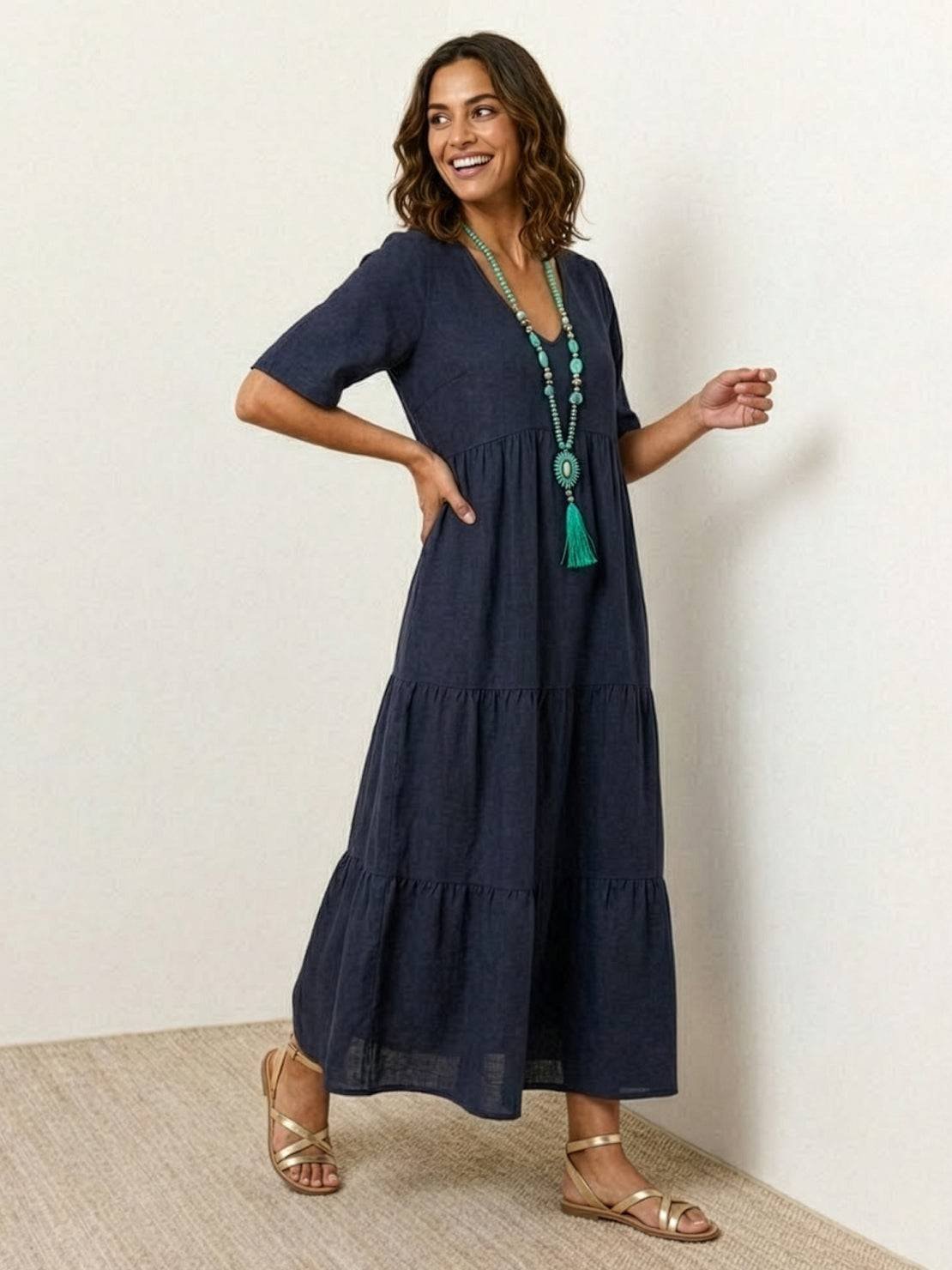 Karla | Boho Maxi Kjole V-Udskæring Korte Ærmer Lagdelt
