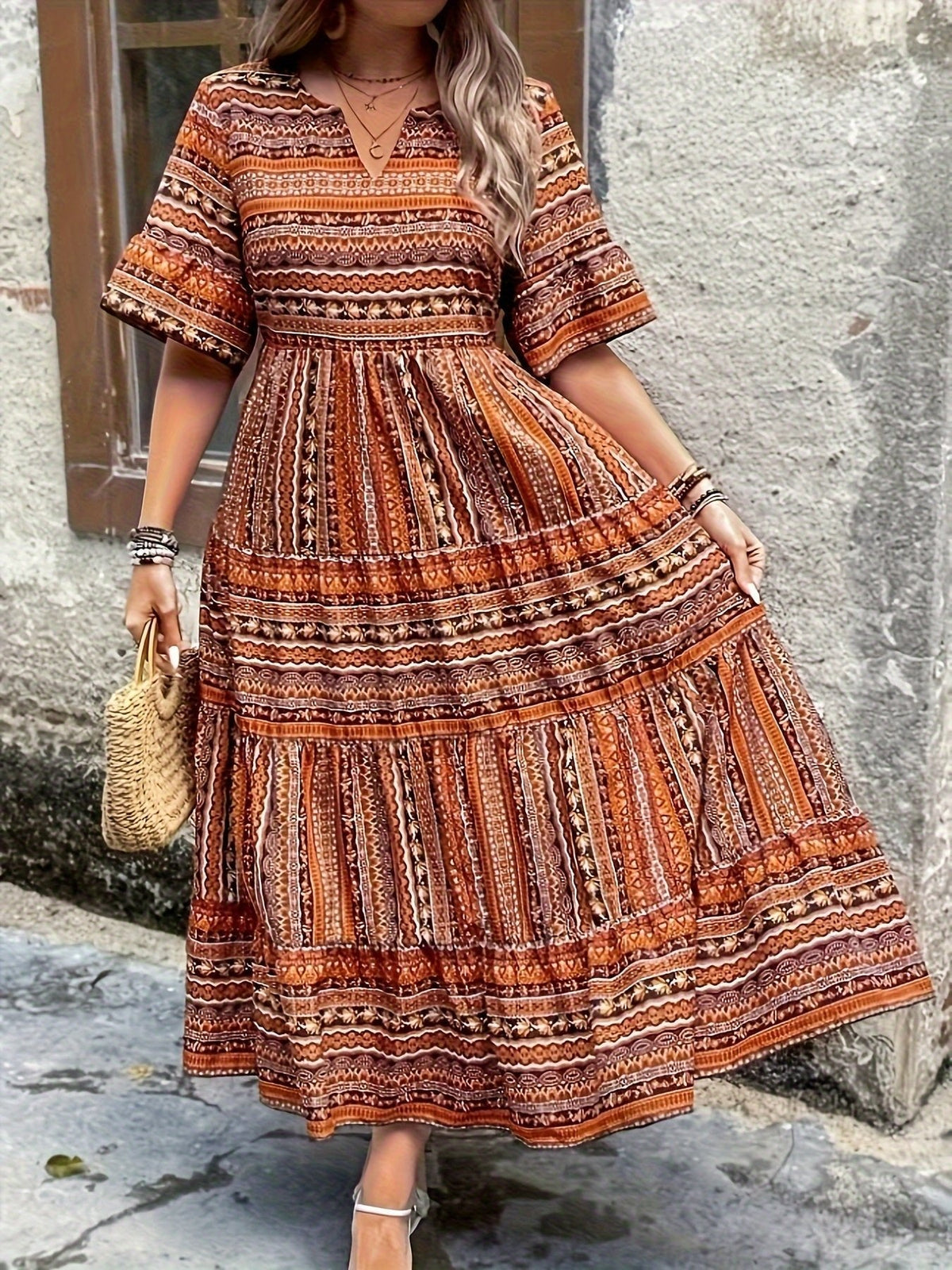 Laura | Boho Maxi Kjole V-udskæring Trykt Mønster Flydende