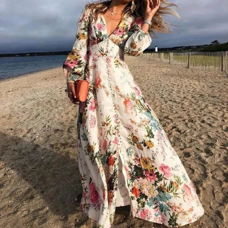Alma | Boho Maxikjole Blomsterprint V-udskæring Lange Ærmer