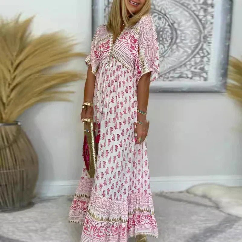 Karla | Boho Maxikjole Med Print Løstsiddende Boheme Stil