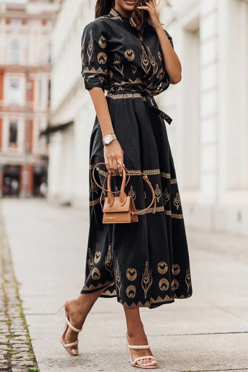 Lea | Boho Midi Kjole Bælte 3/4 Ærmer A-line Snit
