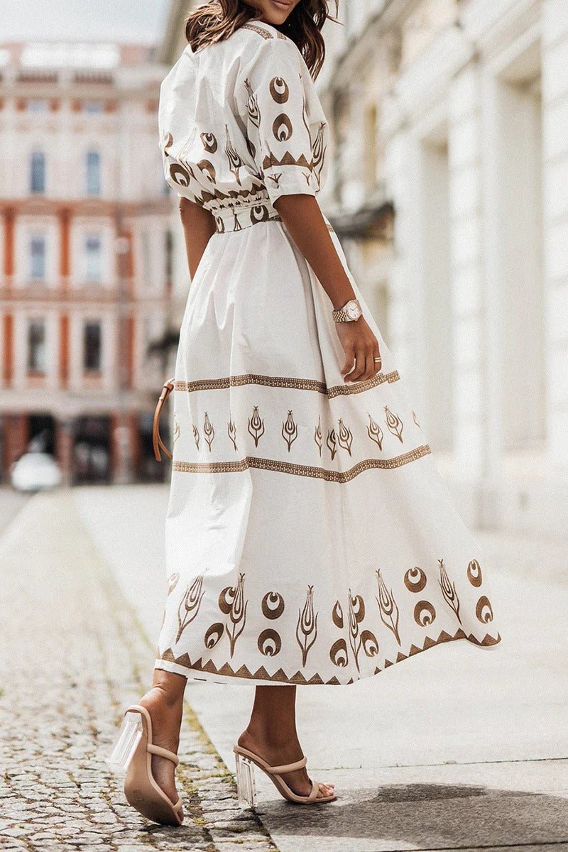 Lea | Boho Midi Kjole Bælte 3/4 Ærmer A-line Snit