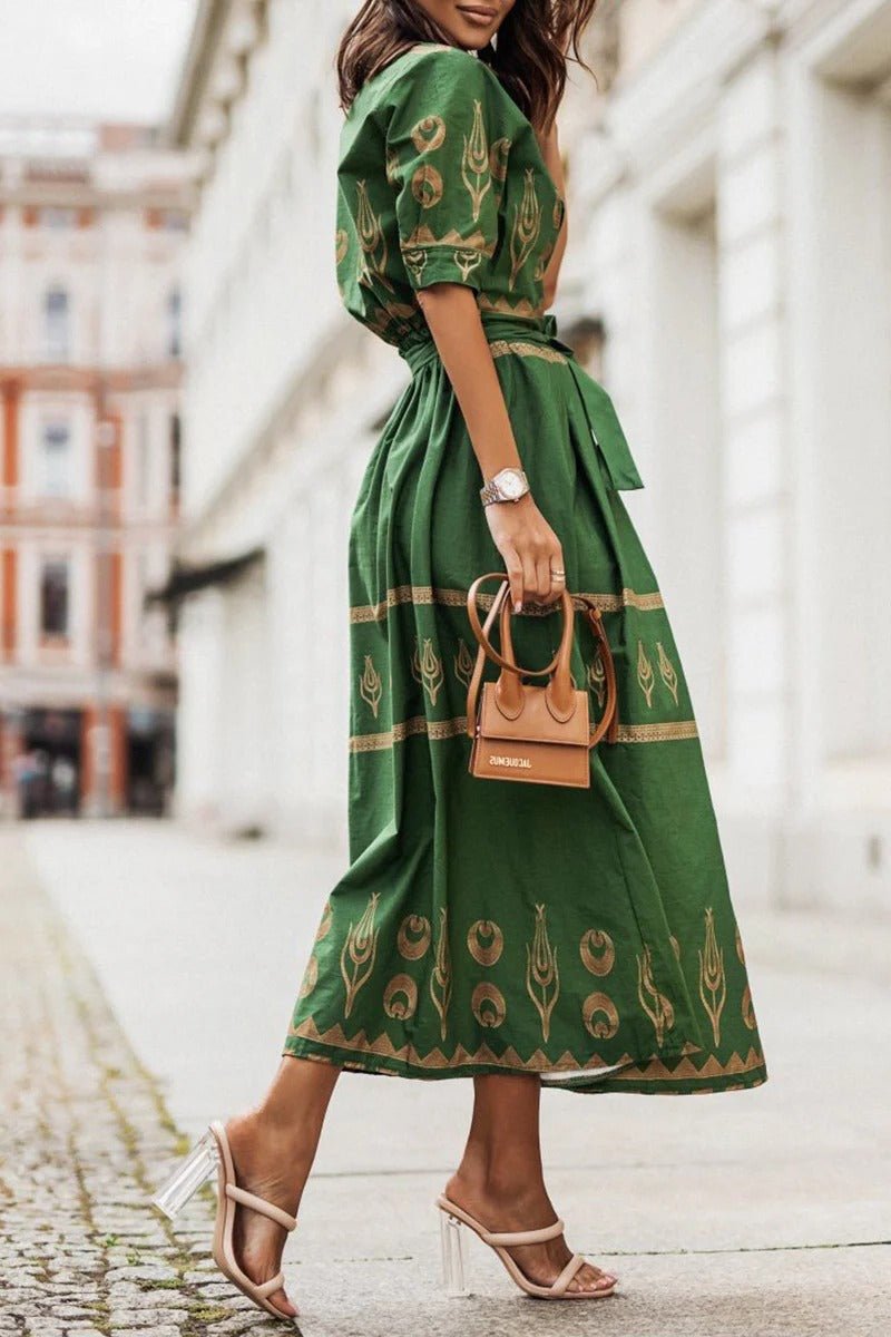 Lea | Boho Midi Kjole Bælte 3/4 Ærmer A-line Snit