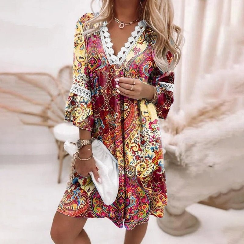 Astrid | Boho Mini Kjole Løs Pasform Print V-Udskæring Langærmet