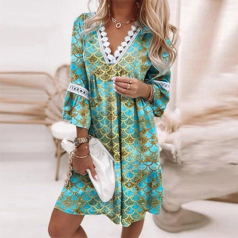 Astrid | Boho Mini Kjole Løs Pasform Print V-Udskæring Langærmet