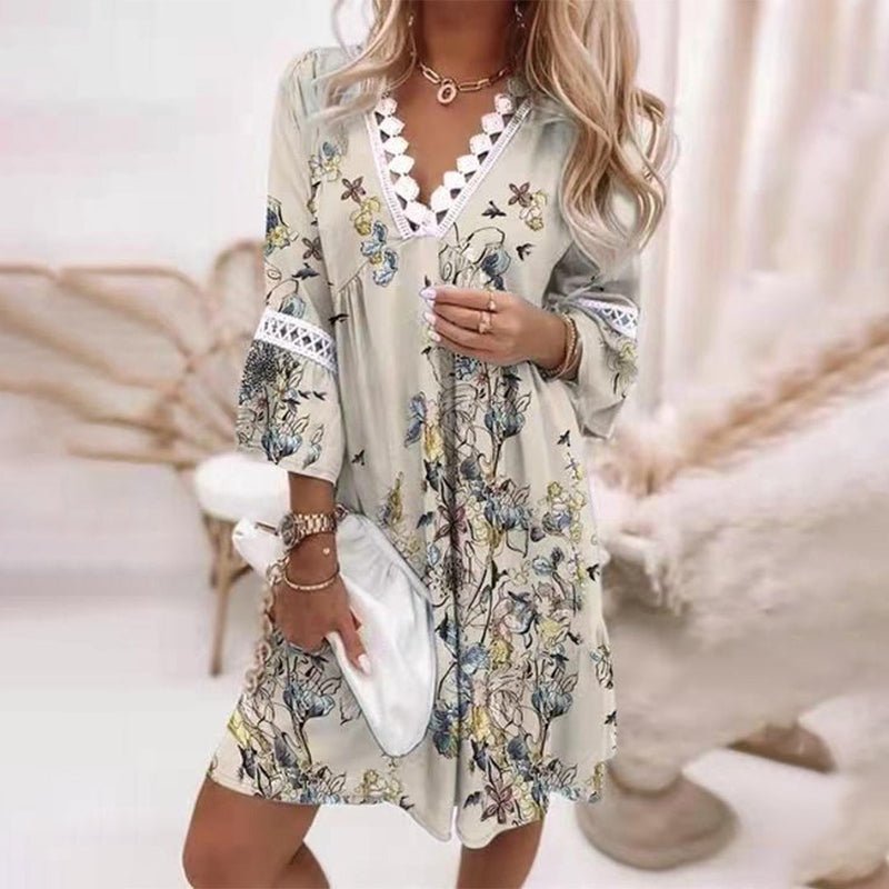 Astrid | Boho Mini Kjole Løs Pasform Print V-Udskæring Langærmet