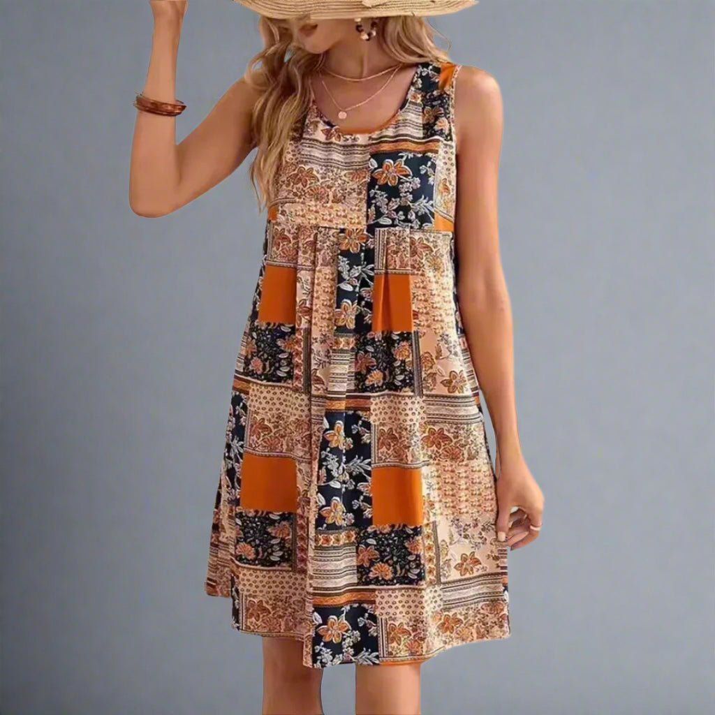 Liv | Boho Patchwork Kjole Ærmeløs Mini Print