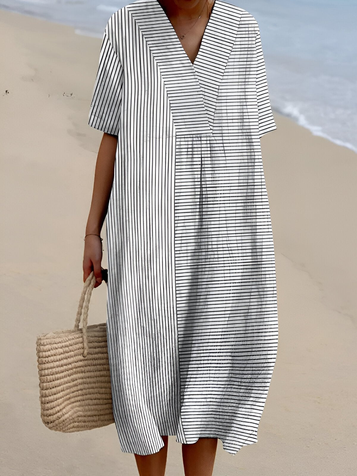 Ida | Boho Stribet V-Hals Midi Kjole til Kvinder Afslappet Sommerkjole