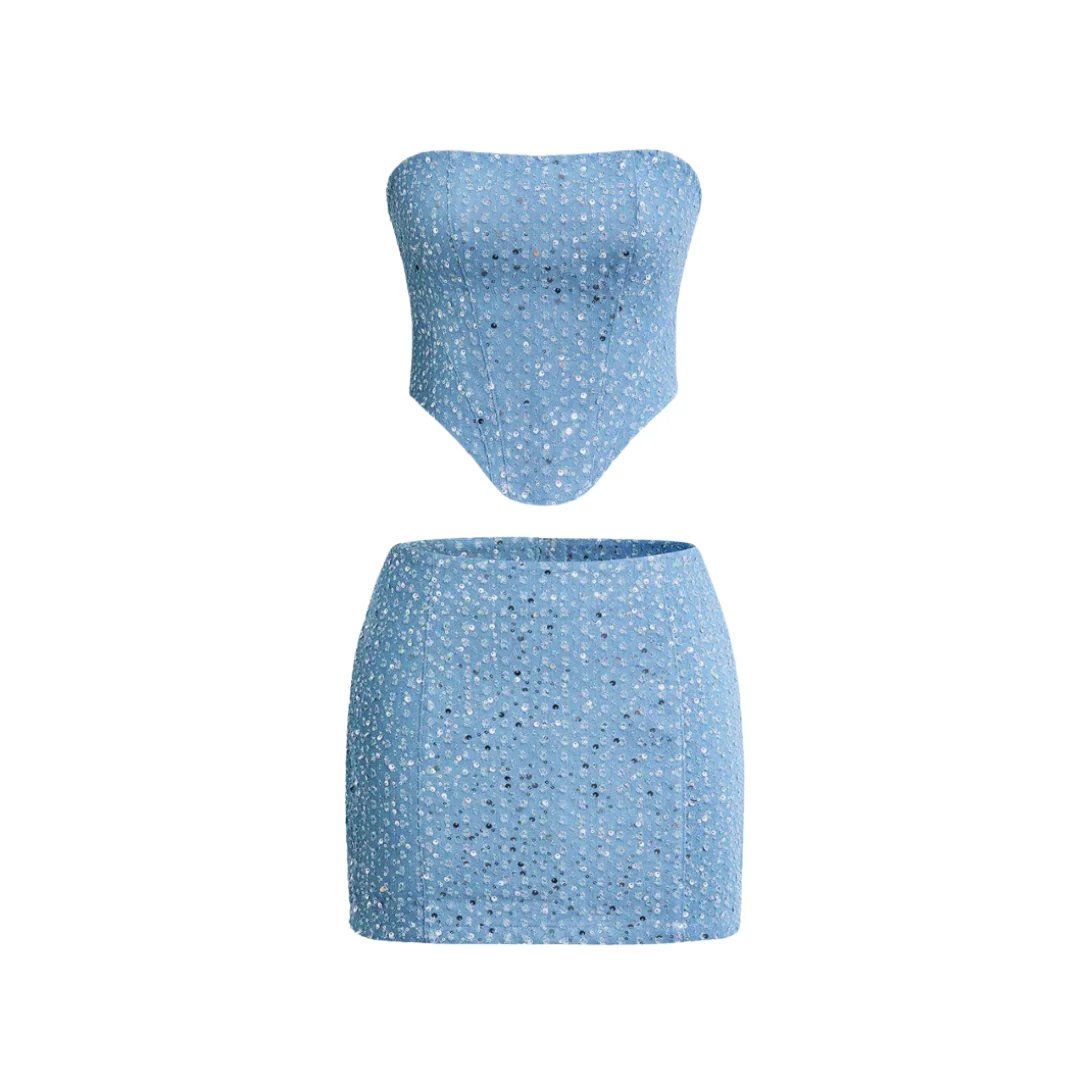 Ella | Dahlia Paillette Denim Two-Piece Set Tube Top Nederdel Dame