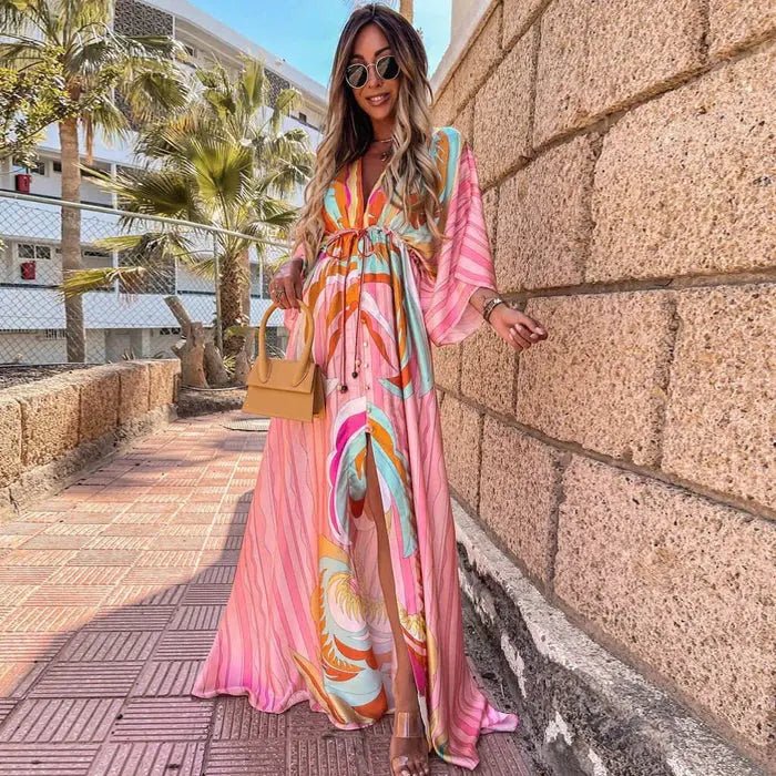 Laura | Dame Abstrakt Print Maxi Kjole Dyb V-udskæring Kimono Ærmer
