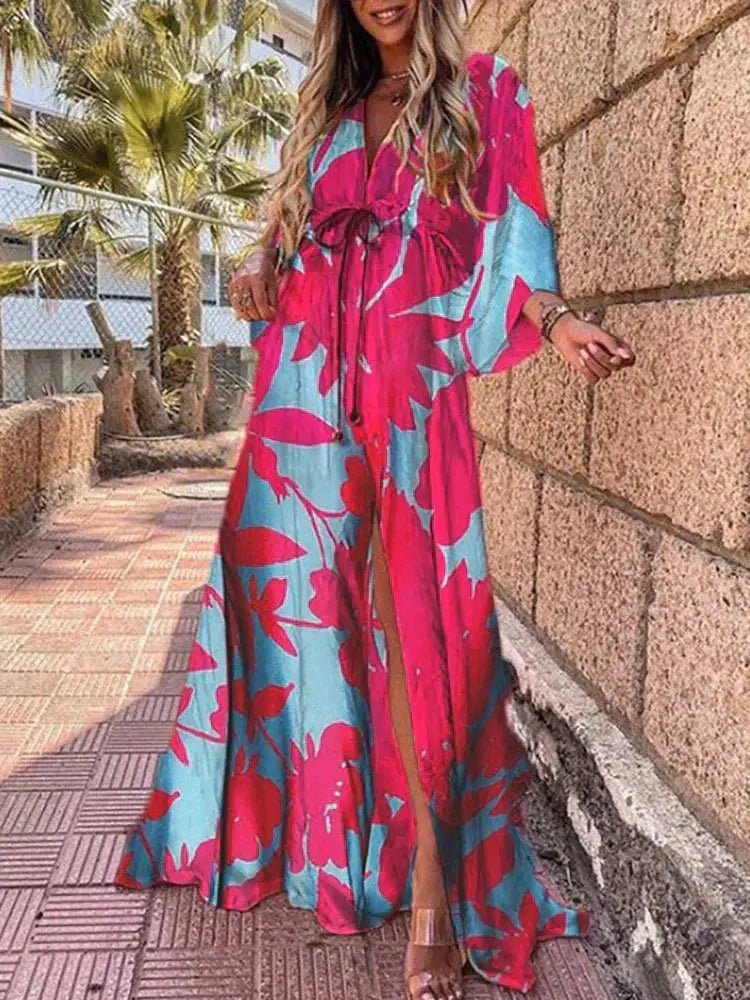 Laura | Dame Abstrakt Print Maxi Kjole Dyb V-udskæring Kimono Ærmer