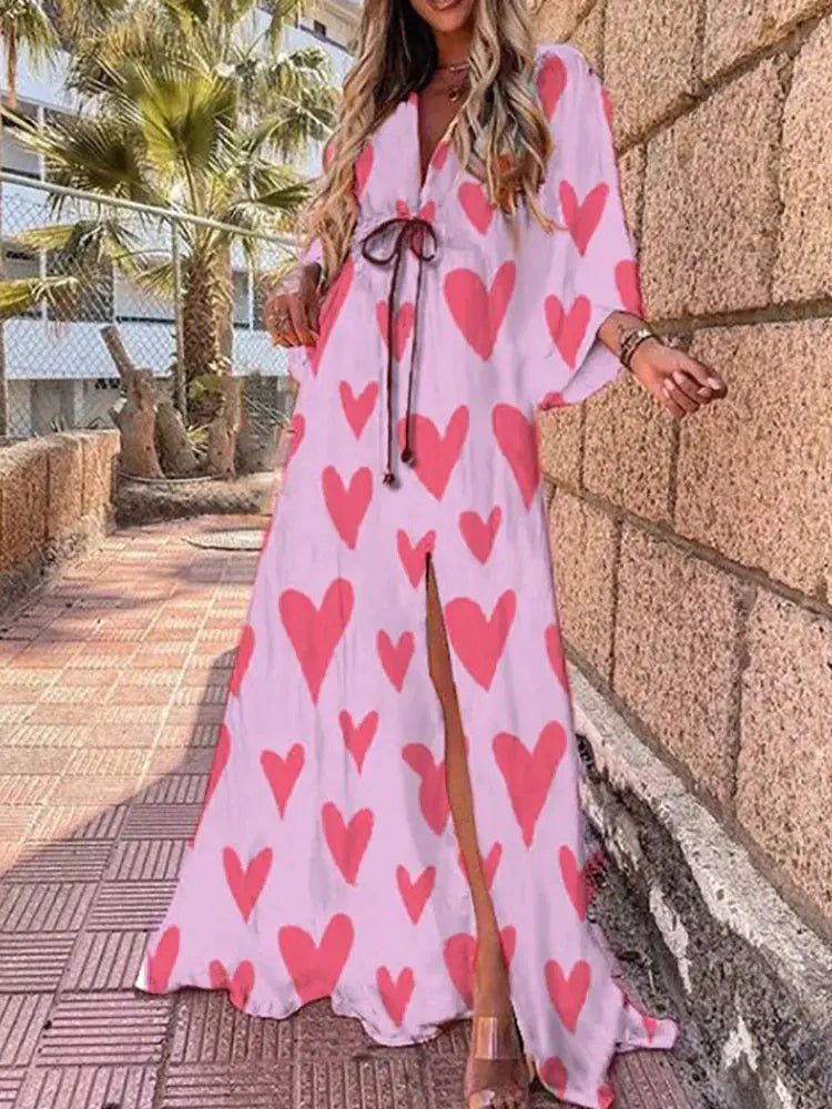 Laura | Dame Abstrakt Print Maxi Kjole Dyb V-udskæring Kimono Ærmer