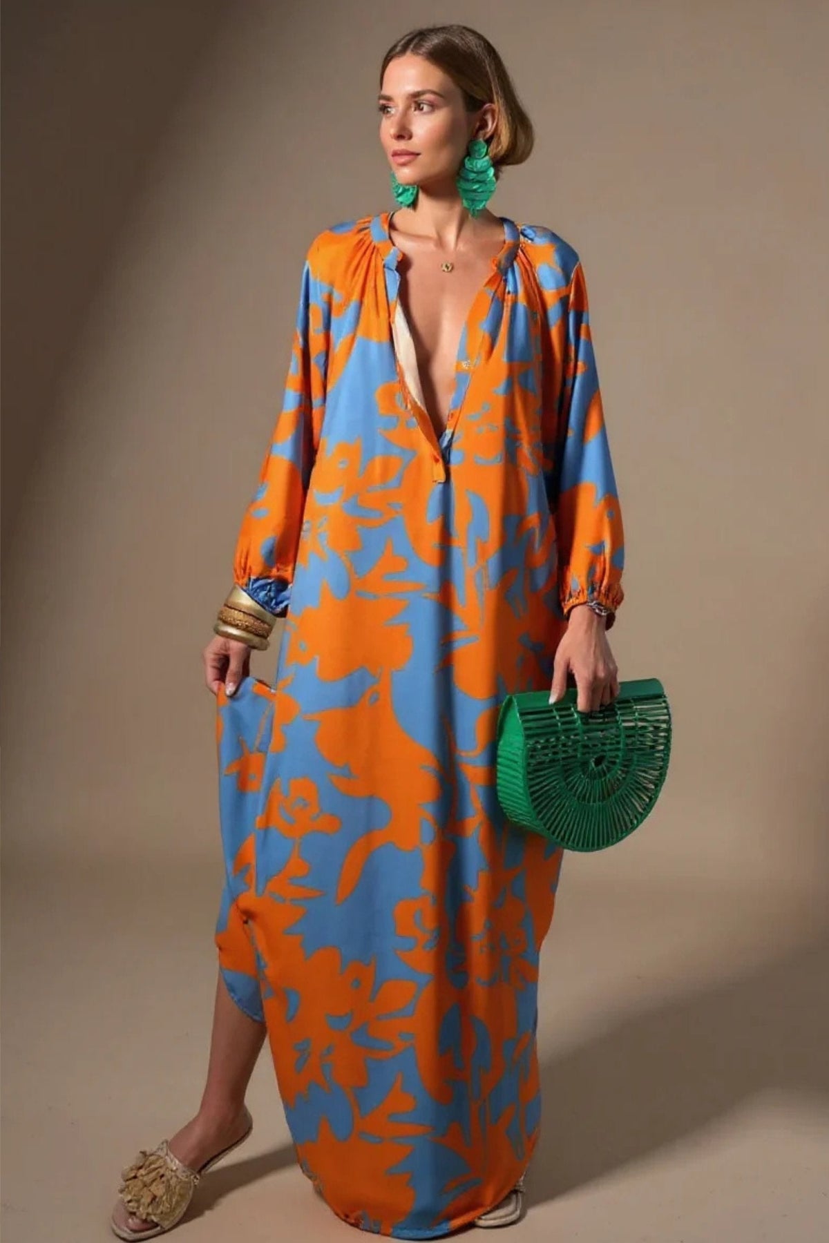 Josefine | Dame Abstrakt Print V-hals Kaftan Maxi Kjole Langærmet