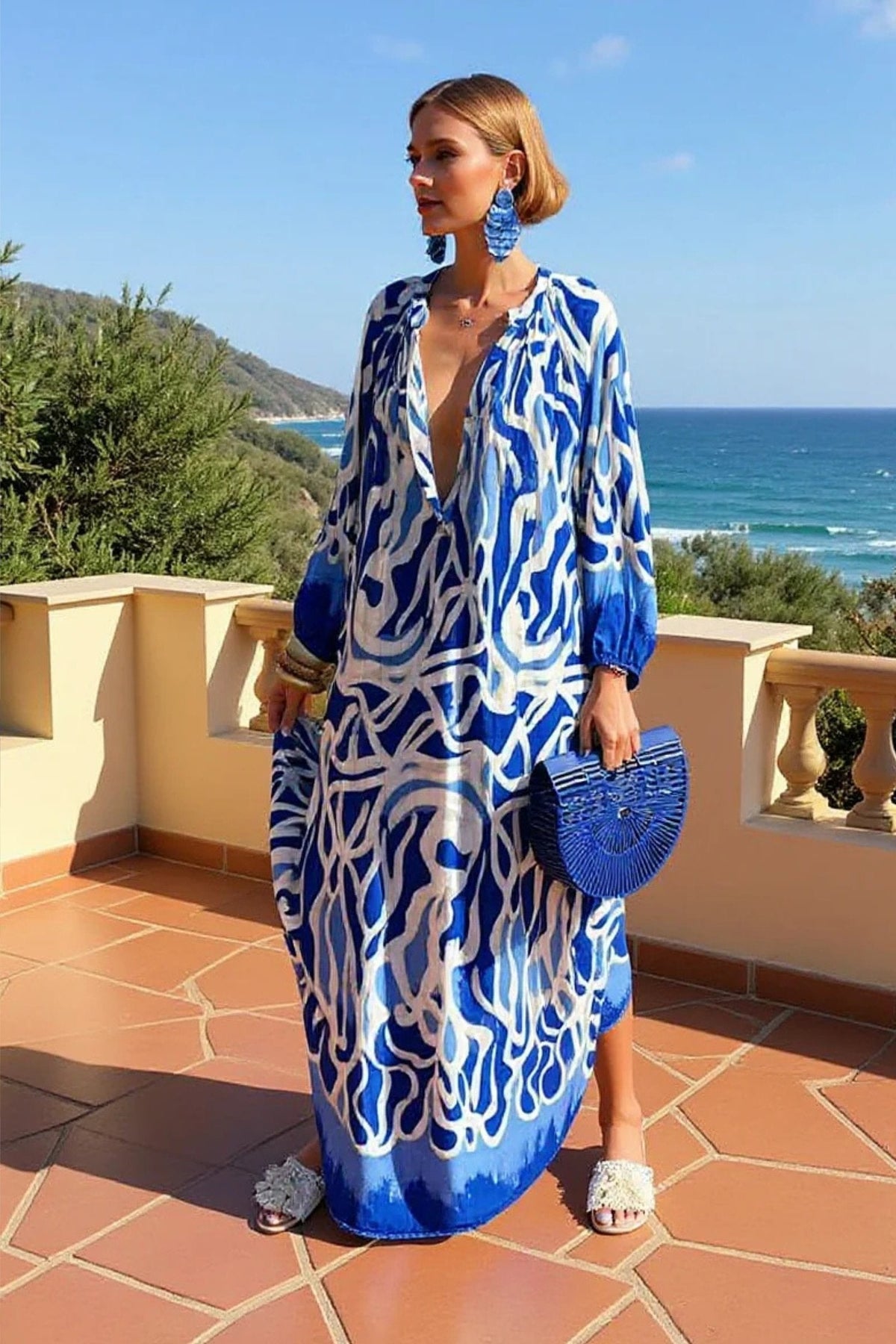 Josefine | Dame Abstrakt Print V-hals Kaftan Maxi Kjole Langærmet