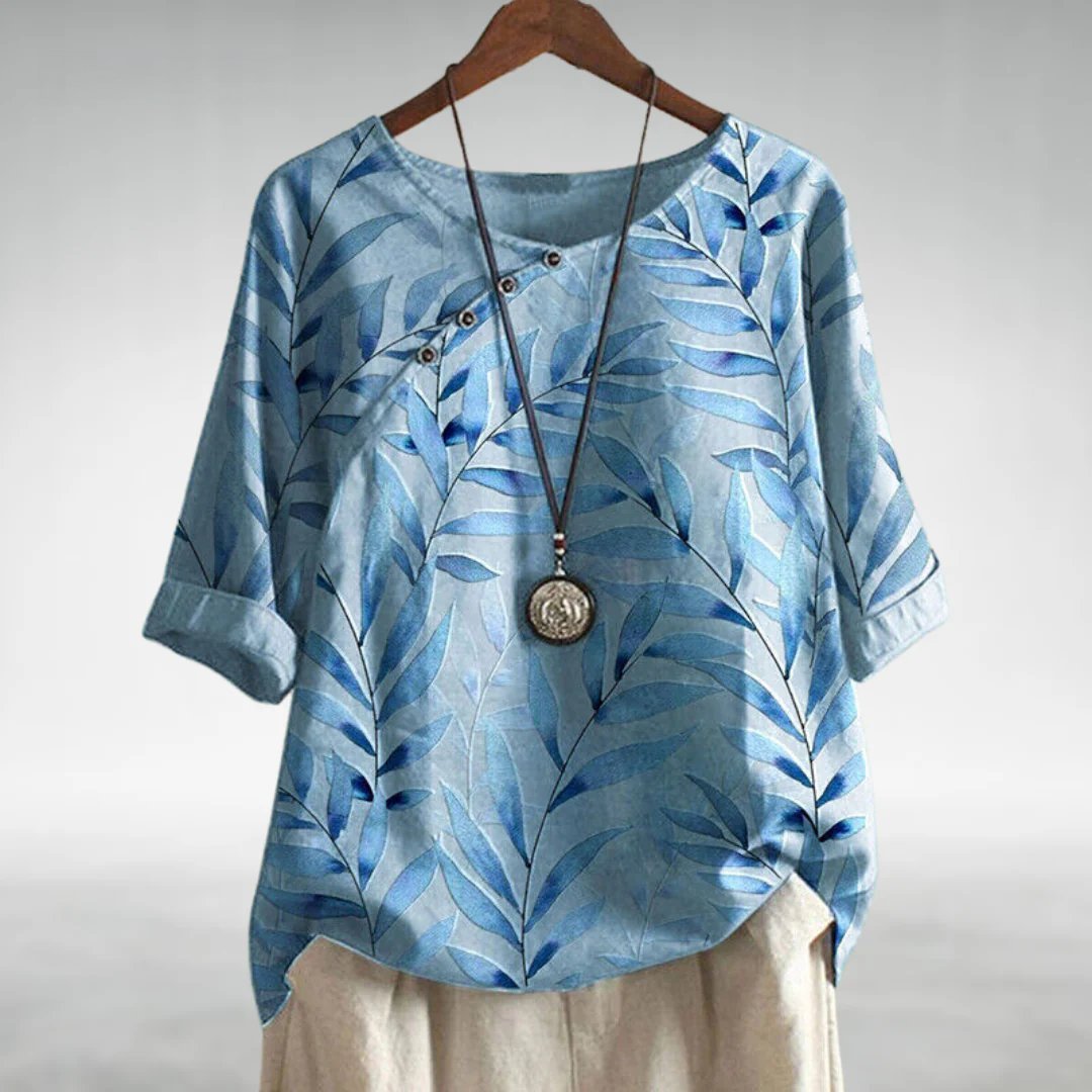 Liv | Dame Afslappet Linen Bluse Korte Ærmer Blomsterprint