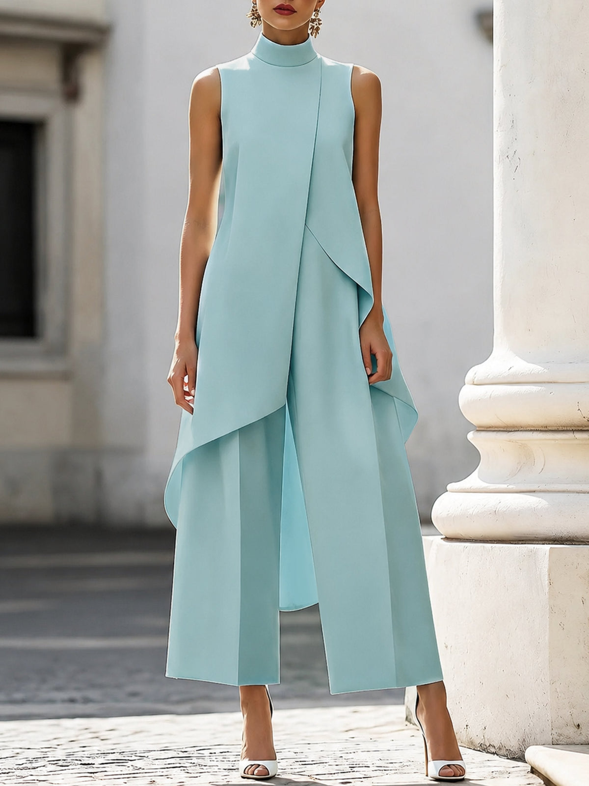 Emma | Dame Asymmetrisk High-Neck Ærmeløs Wide-Leg Bukse Sæt