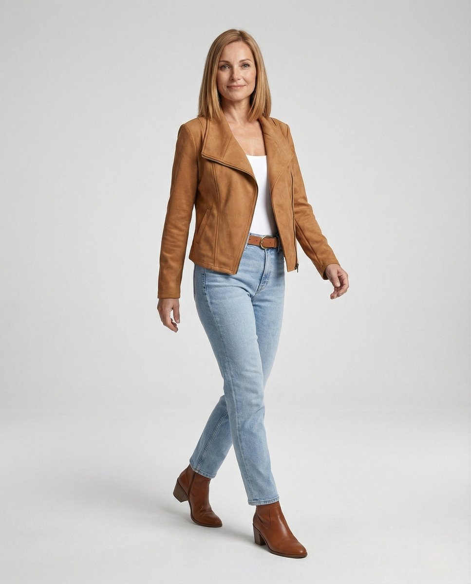 Mathilde | Dame Asymmetrisk Lynlås Biker Leather Jacket Ruskindslook