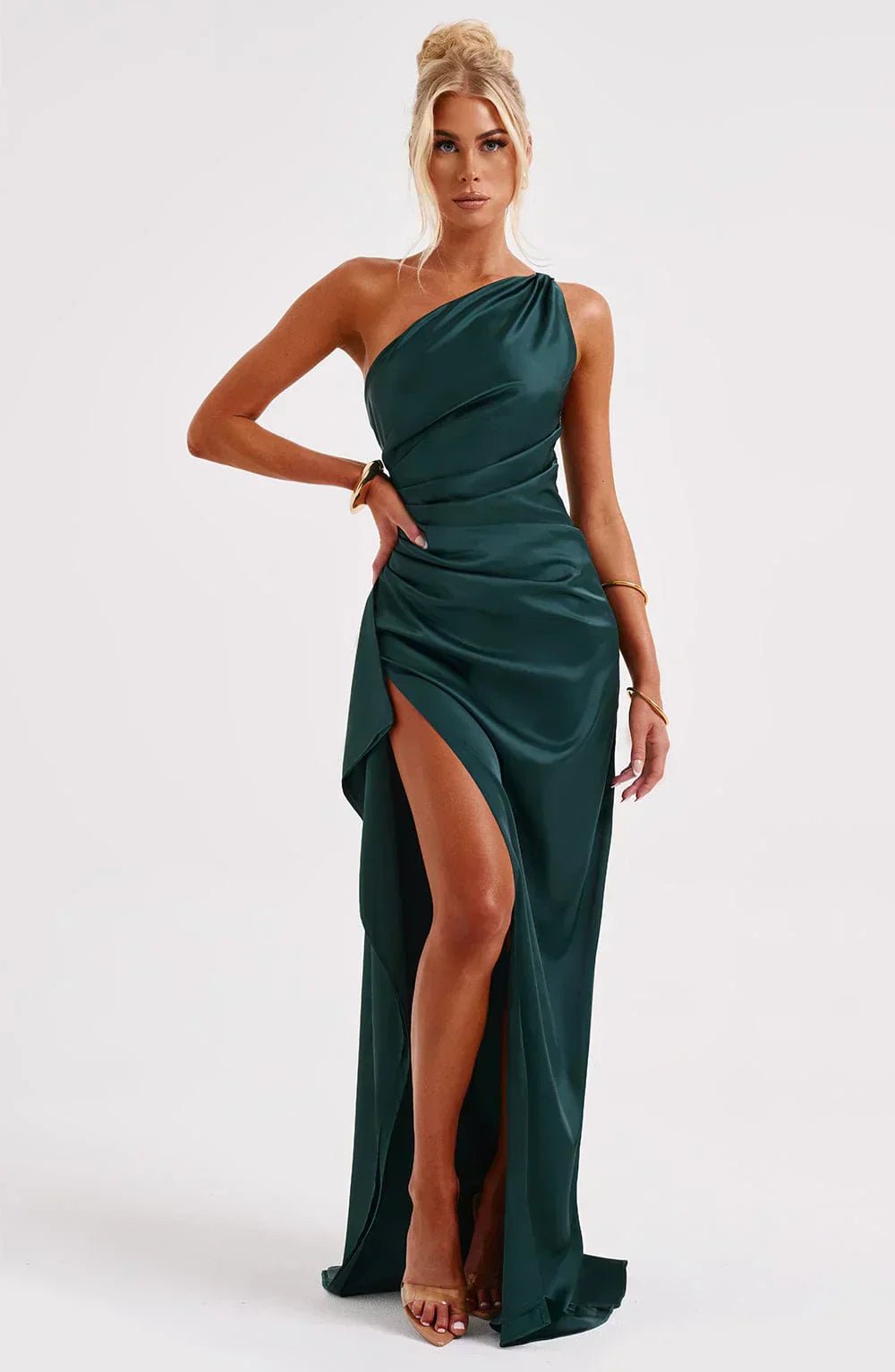 Laura | Dame Asymmetrisk One-Shoulder Satin Maxi Aftenkjole Høj Slids