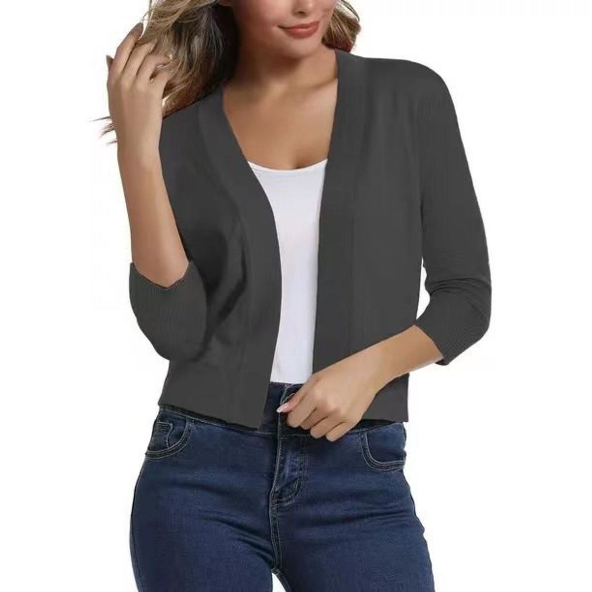 Josefine | Dame åben kortærmet cardigan med 3/4 ærmer