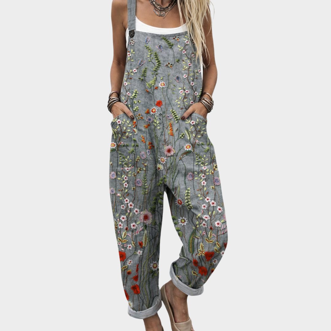 Sofia | Dame Blomsterbroderet Boho Hør Jumpsuit