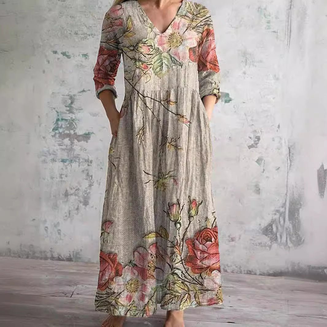 Ida | Dame Blomsterprint V-hals Maxi Sommerkjole