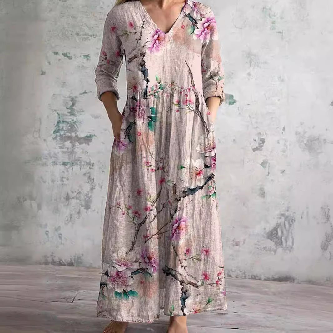 Ida | Dame Blomsterprint V-hals Maxi Sommerkjole