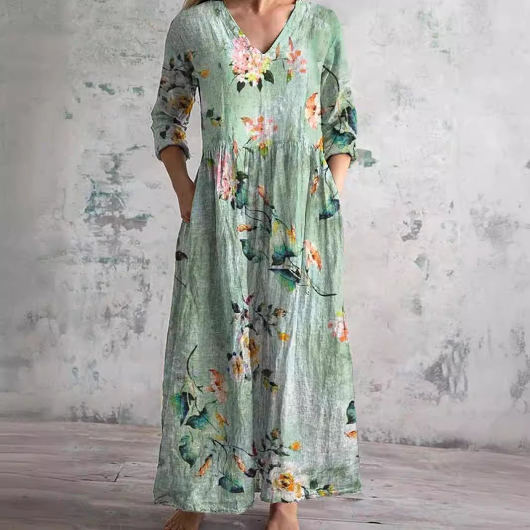 Ida | Dame Blomsterprint V-hals Maxi Sommerkjole