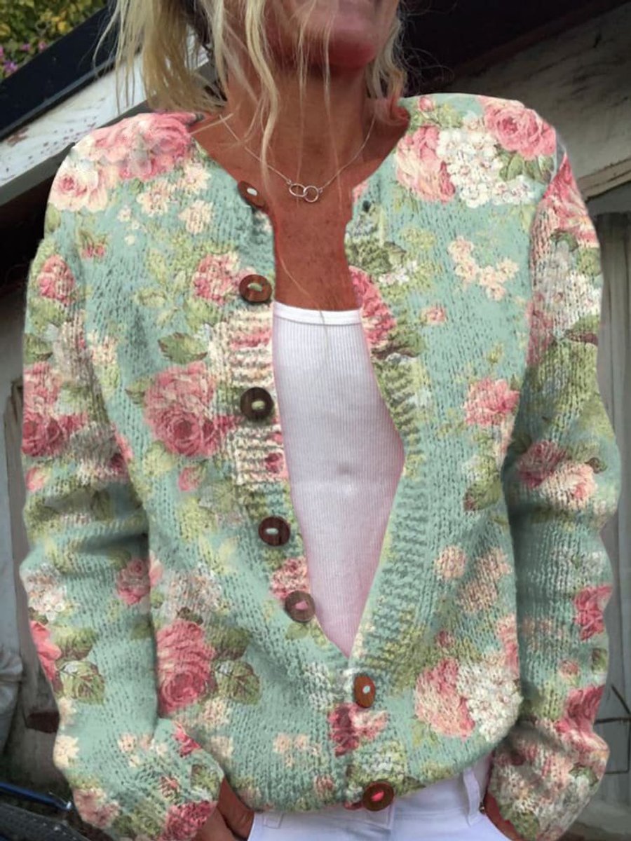 Mathilde | Dame Blomsterstrikket Cardigan Rundhalset Knapper