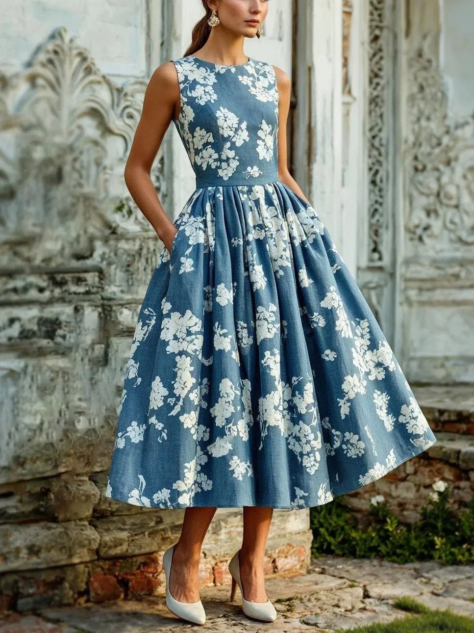 Isabella | Dame Blomstret Linen Midi Kjole Ærmeløs