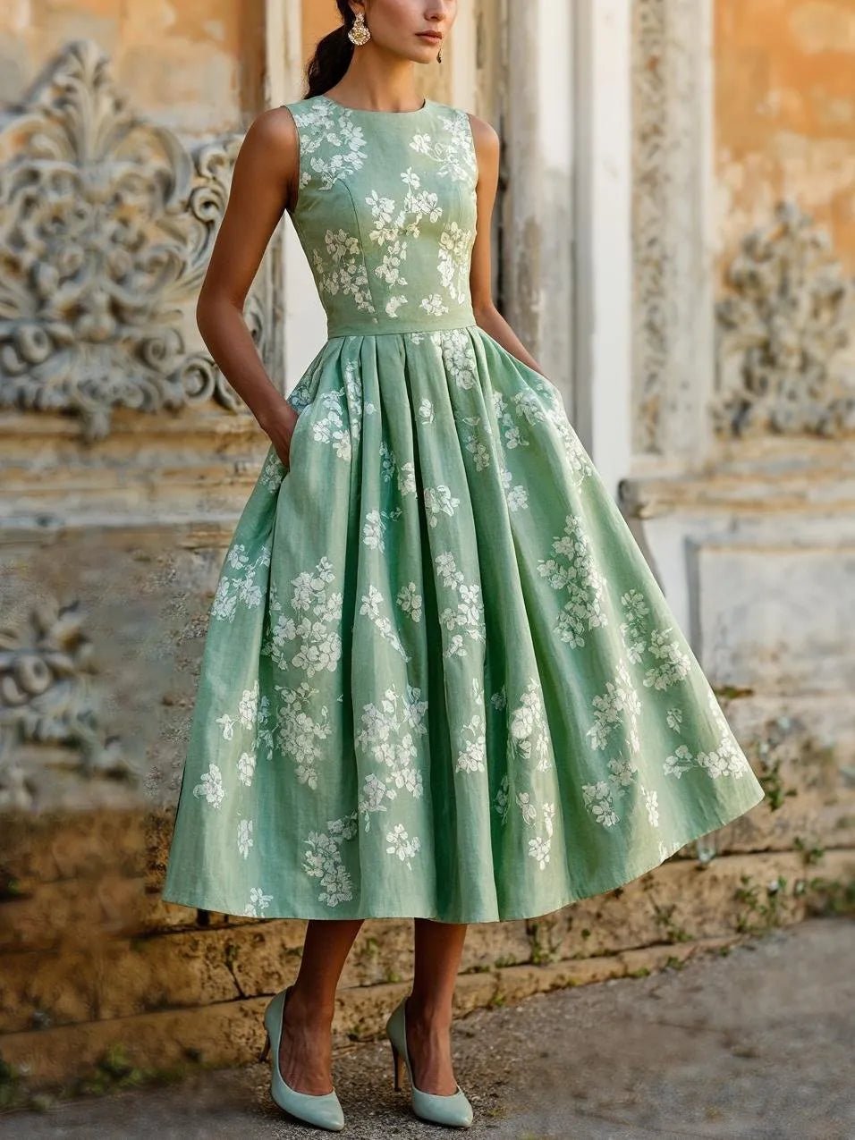Isabella | Dame Blomstret Linen Midi Kjole Ærmeløs
