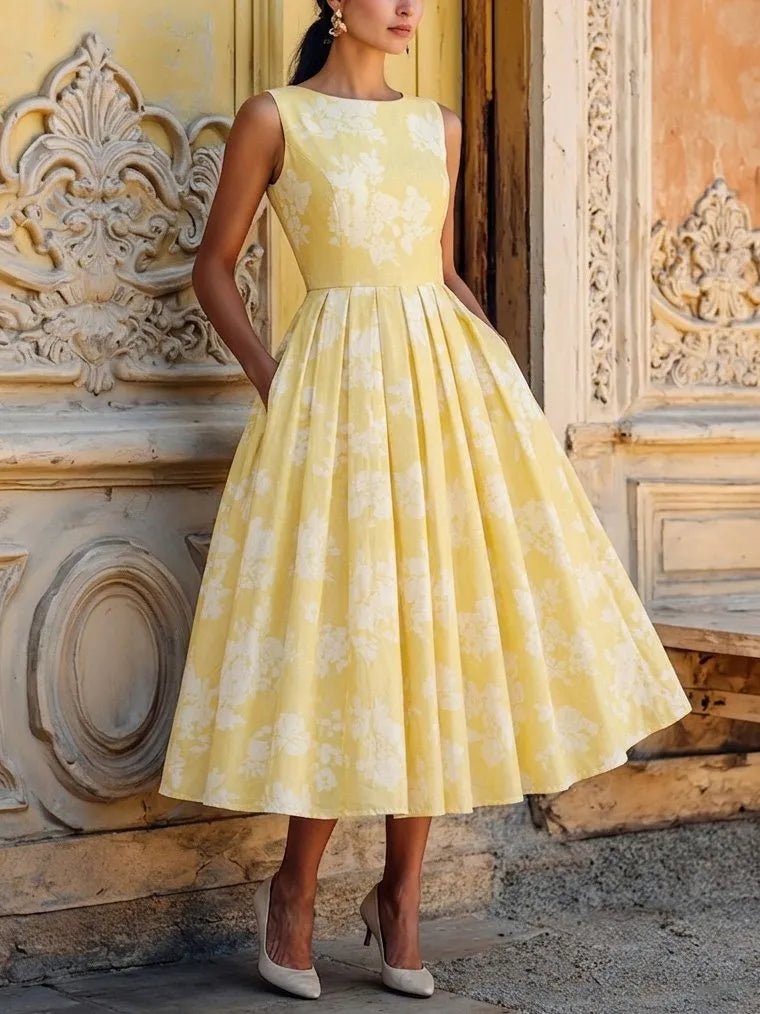 Isabella | Dame Blomstret Linen Midi Kjole Ærmeløs