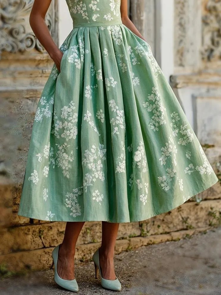 Isabella | Dame Blomstret Linen Midi Kjole Ærmeløs