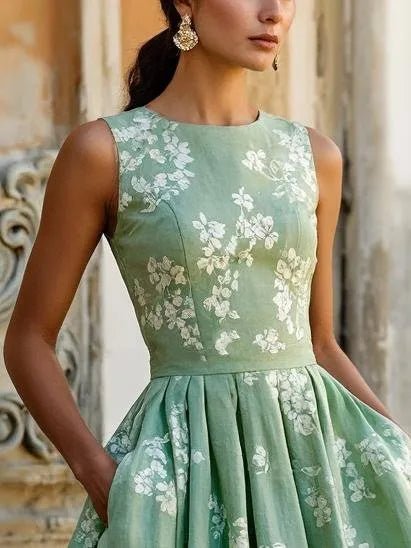 Isabella | Dame Blomstret Linen Midi Kjole Ærmeløs