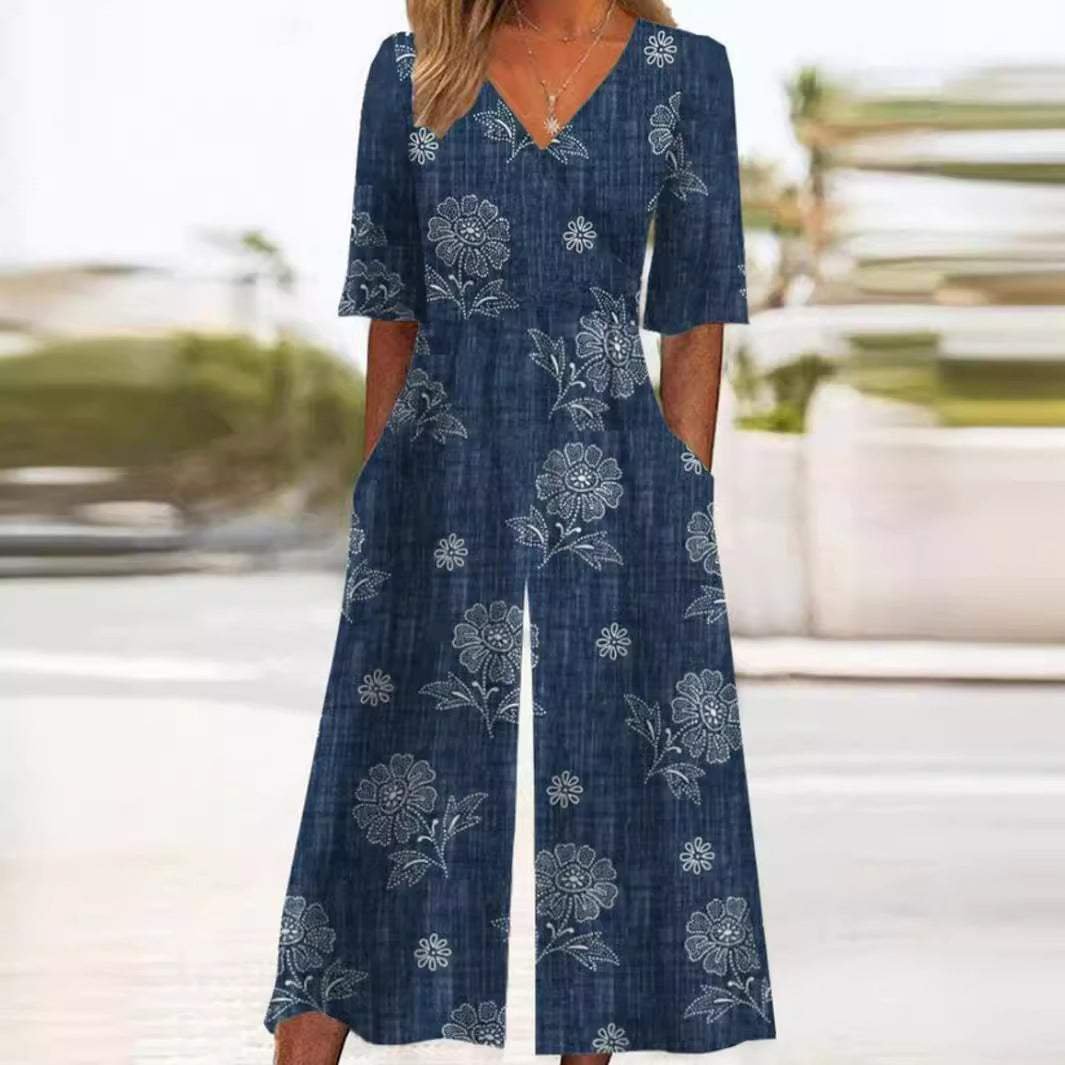 Emma | Dame Boho Blomsterprint Jumpsuit V-hals Halværmer Lommer