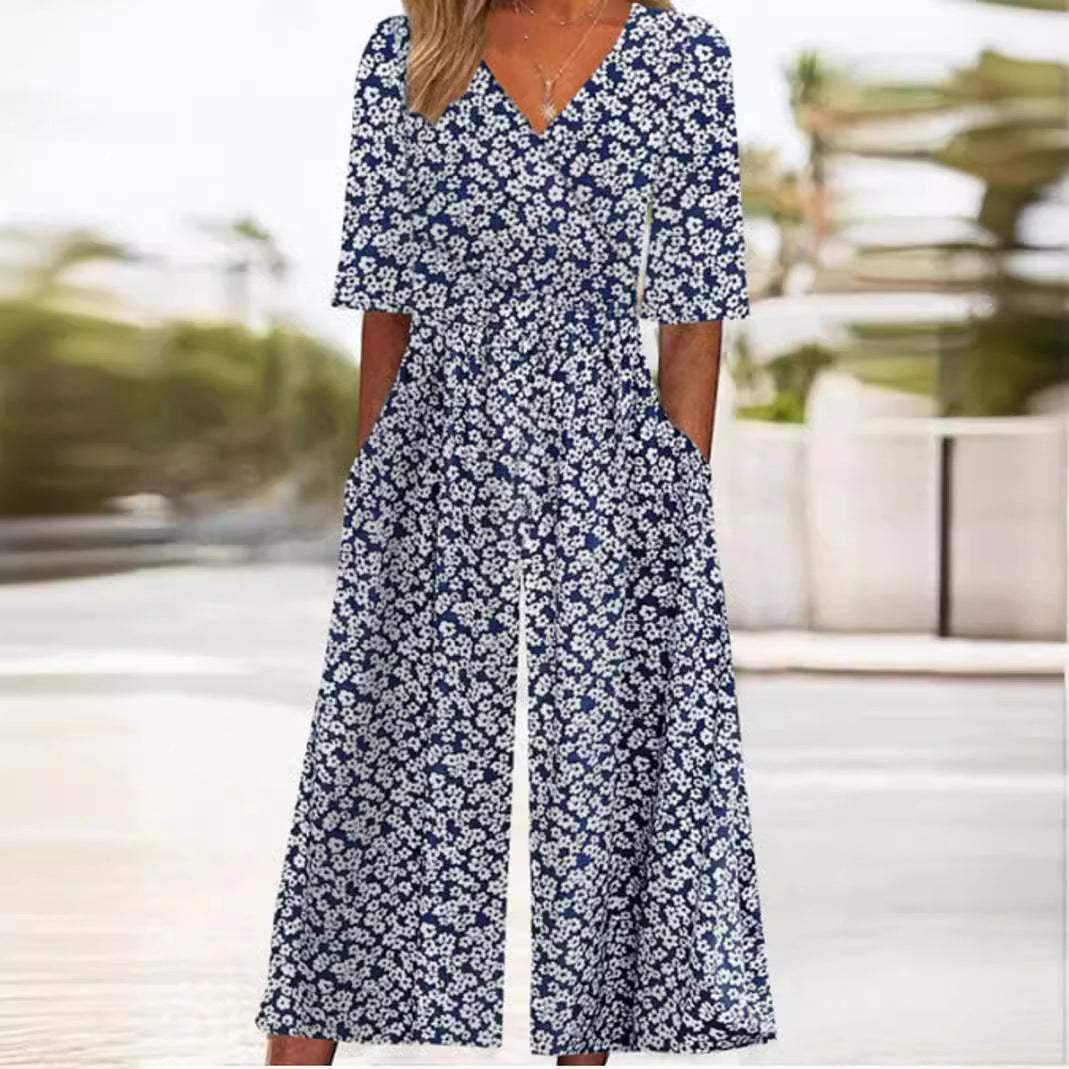 Emma | Dame Boho Blomsterprint Jumpsuit V-hals Halværmer Lommer