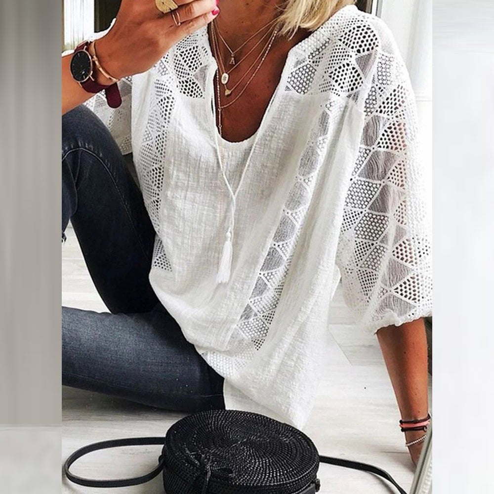 Ida | Dame Boho Løstsiddende Bluse med Hæklet Detalje og Trekvart Ærmer