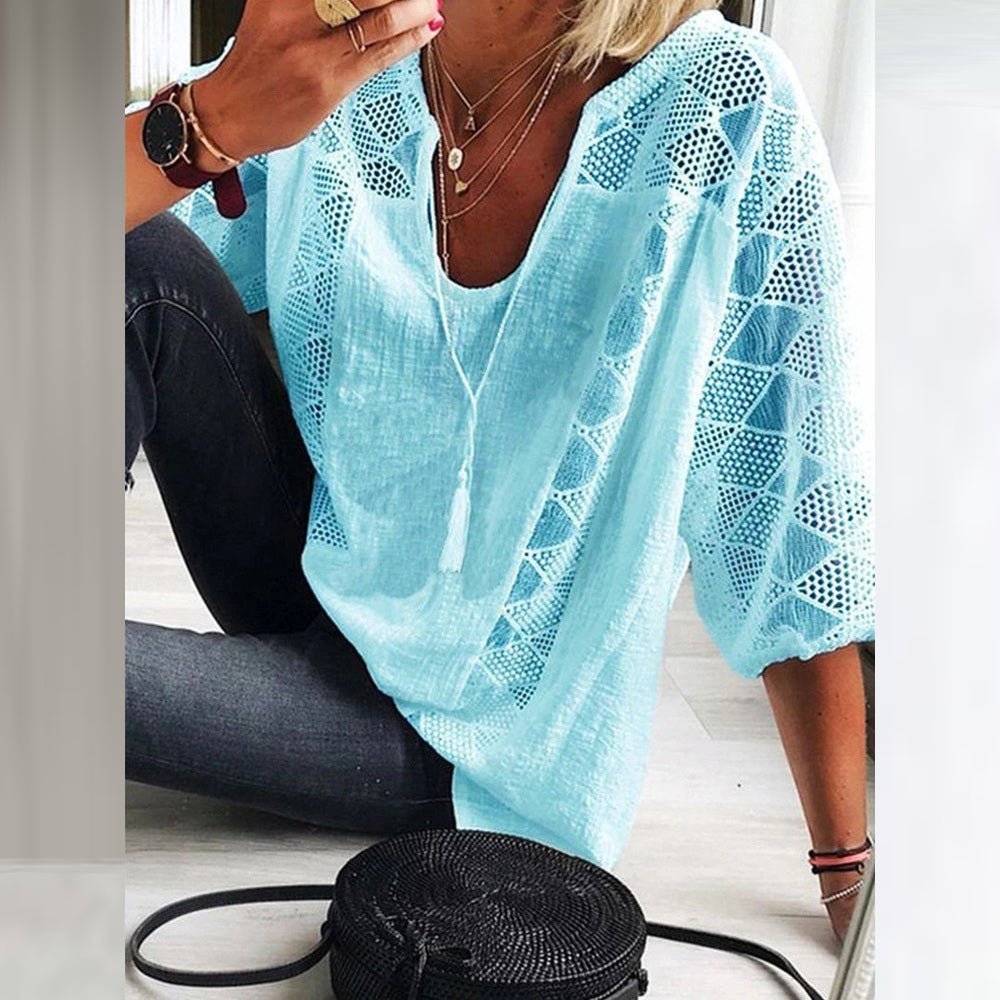 Ida | Dame Boho Løstsiddende Bluse med Hæklet Detalje og Trekvart Ærmer