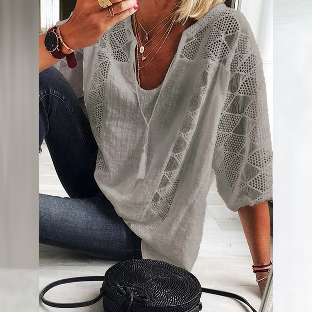 Ida | Dame Boho Løstsiddende Bluse med Hæklet Detalje og Trekvart Ærmer