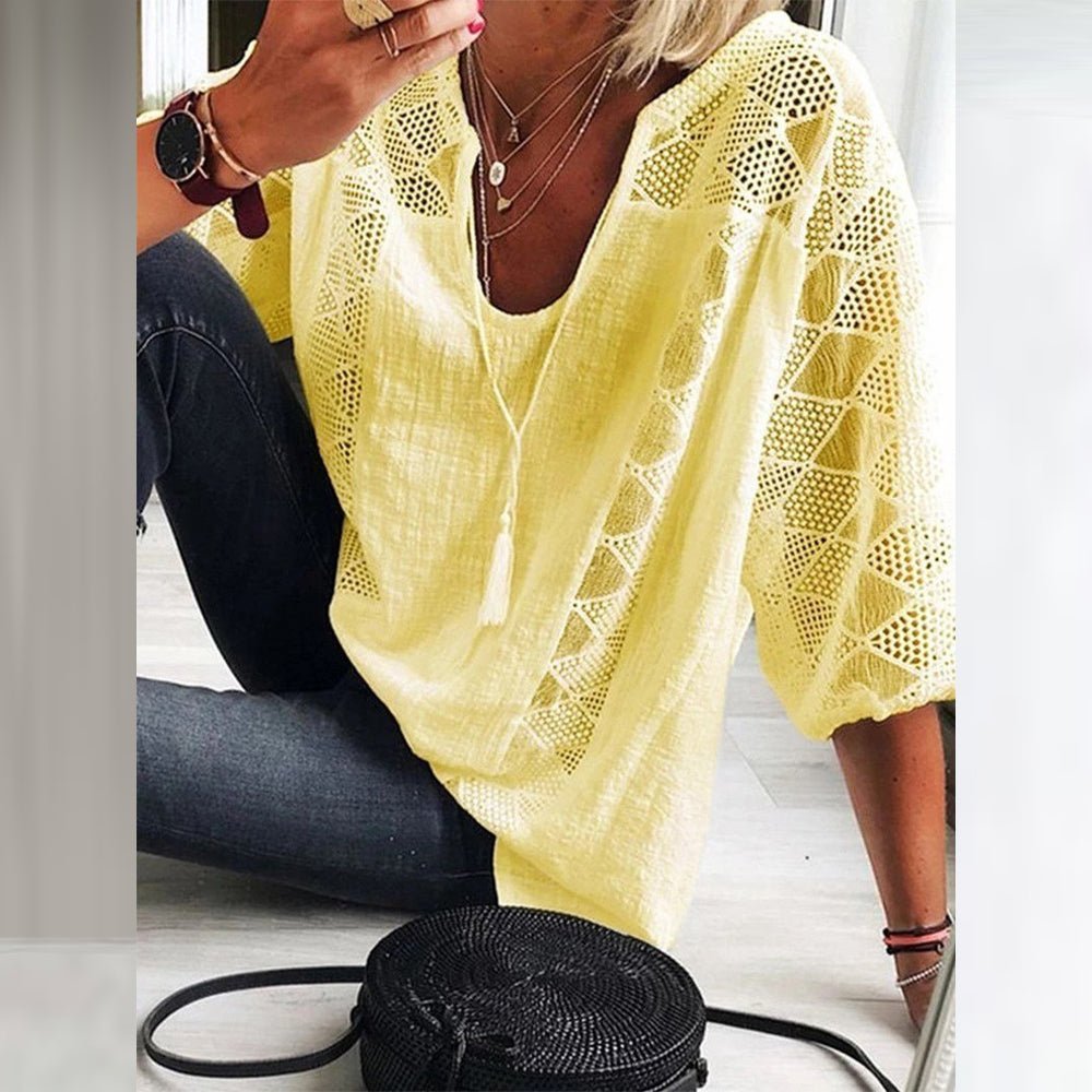 Ida | Dame Boho Løstsiddende Bluse med Hæklet Detalje og Trekvart Ærmer