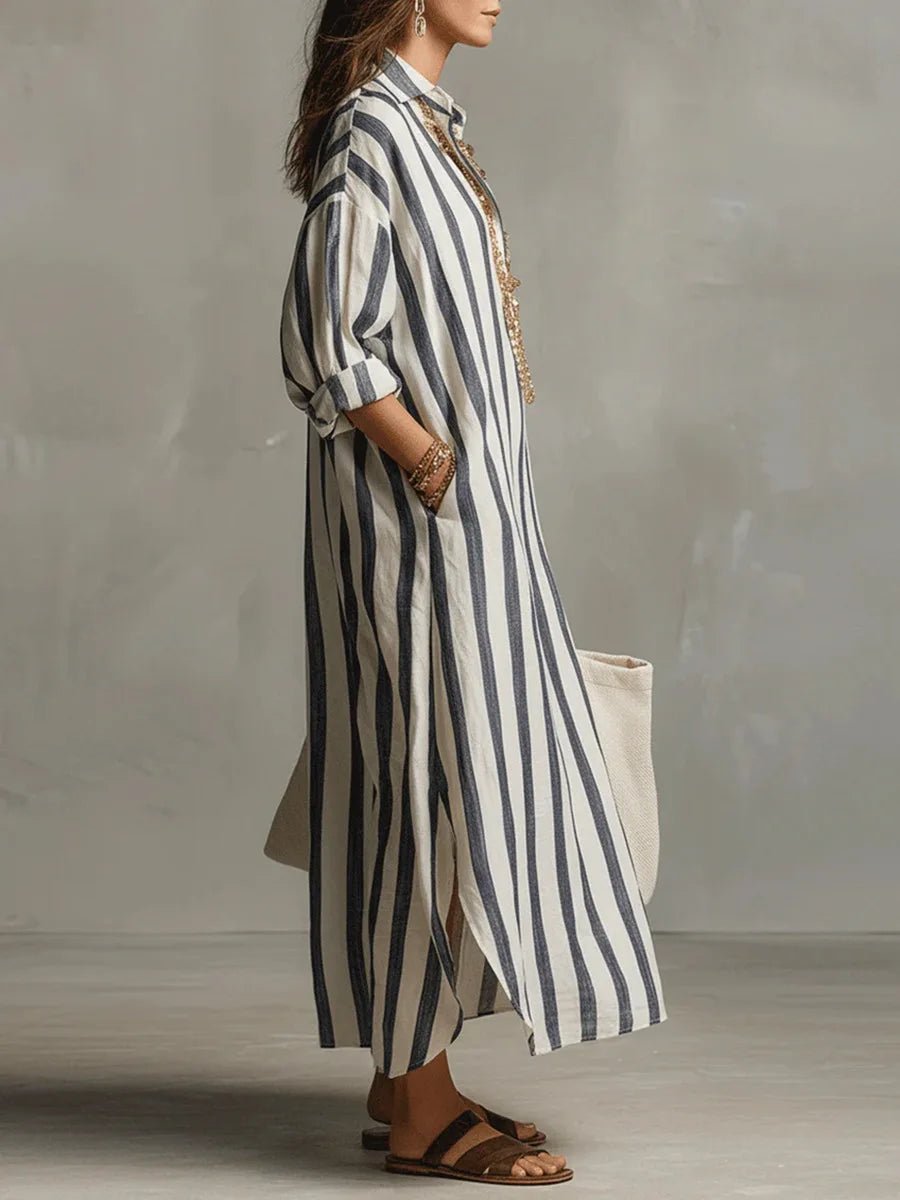 Astrid | Dame Boho Oversized Stribet Linned Maxi Skjortekjole