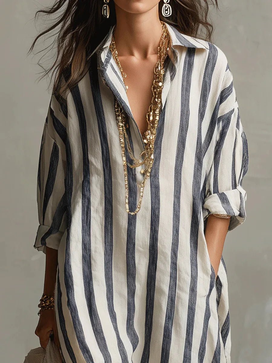 Astrid | Dame Boho Oversized Stribet Linned Maxi Skjortekjole