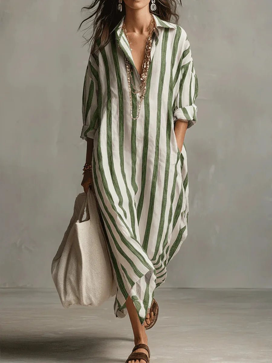 Astrid | Dame Boho Oversized Stribet Linned Maxi Skjortekjole
