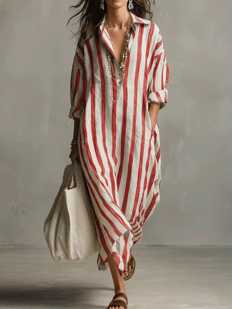 Astrid | Dame Boho Oversized Stribet Linned Maxi Skjortekjole