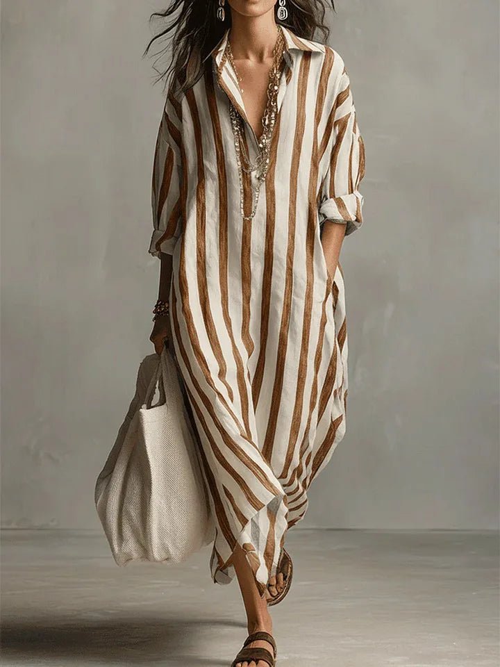 Astrid | Dame Boho Oversized Stribet Linned Maxi Skjortekjole