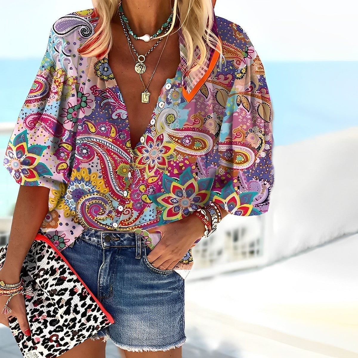 Clara | Dame Boho Paisley Bluse Med V-Udskæring