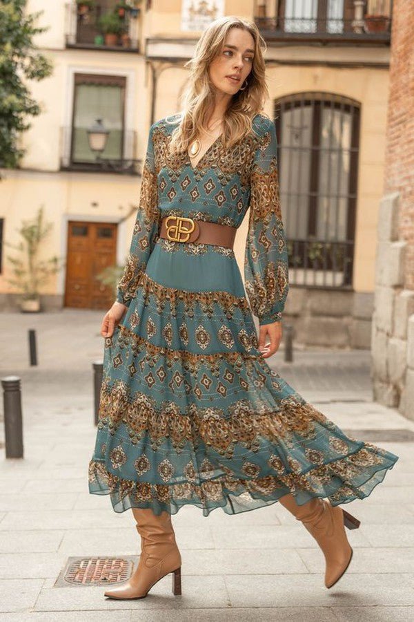 Olivia | Dame Chiffon Boho Medallion Puffærme Lagdelt Kjole