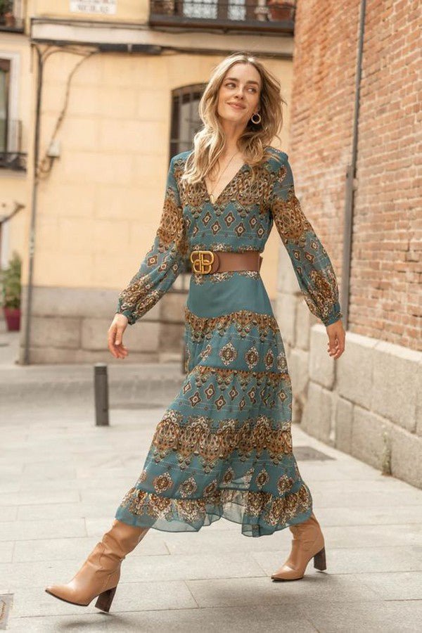 Olivia | Dame Chiffon Boho Medallion Puffærme Lagdelt Kjole