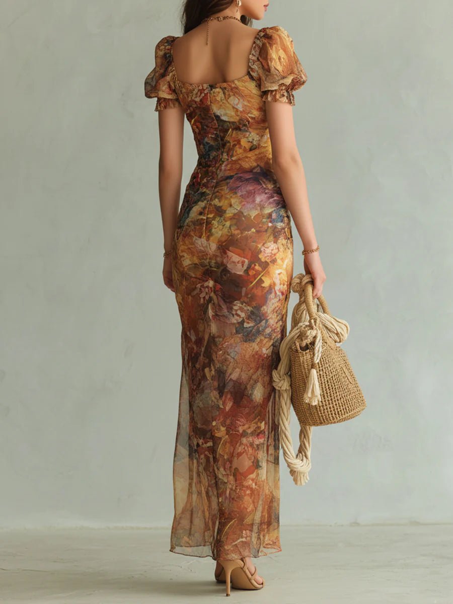 Isabella | Dame Chiffon Maxi Kjole Blomsterprint Sweetheart Hals
